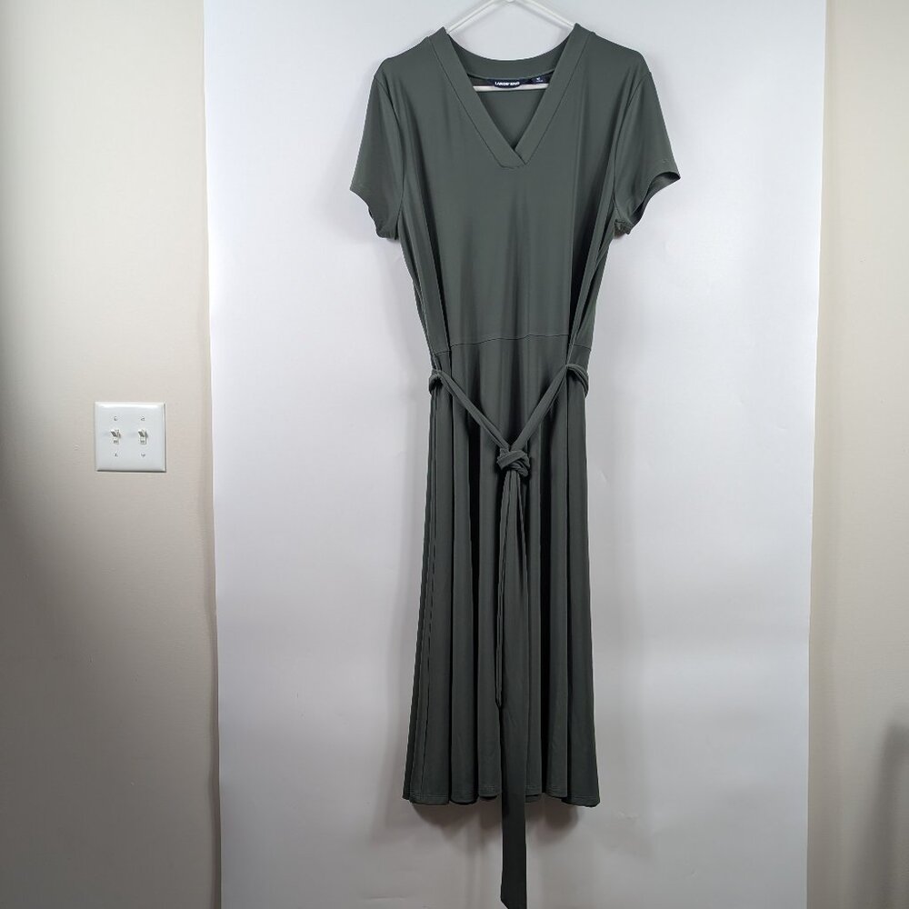 Lands End Short Sleeve V-Neck Belted Jersey Midi Dress